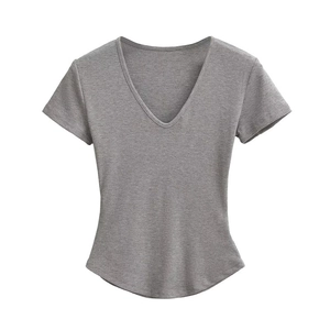 Slim fit grey ribbed knit V-neck T-shirt for women with curved hemline design