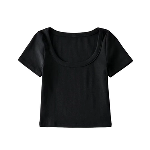 Detail of black U-neck crop top tee with minimalist slim fit design and knit texture