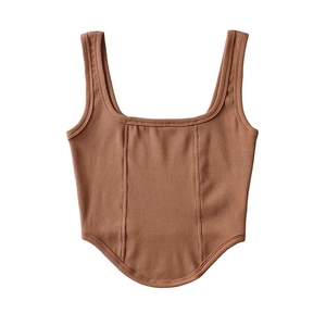 Detail of brown square neck corset vest with boning seams and curved hemline
