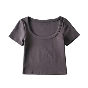Detailed view of dark grey slim fit crop top with U-neckline and fine stitching details