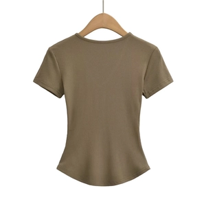 Slim fit women's ribbed T-shirt in olive green with a curved hem and crew neck back view