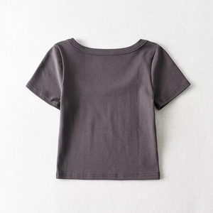 Flat lay of a dark gray short sleeve T-shirt with high-quality cotton texture and stitching
