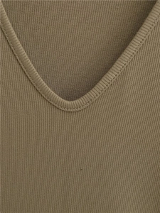 Detailed close-up of V-neckline and ribbed knit texture on brown slim-fit T-shirt