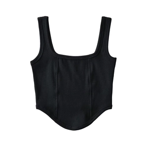 Women's black ribbed square neck corset tank top with curved boning hem detailing