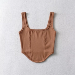 Close-up of ribbed brown corset top with square neck and curved fishbone hem design