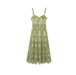 Women Summer Spaghetti Strap Midi Dress Green Eyelet Embroidery V Neck Ruched Tiered A Line Boho Vacation Beach Dress