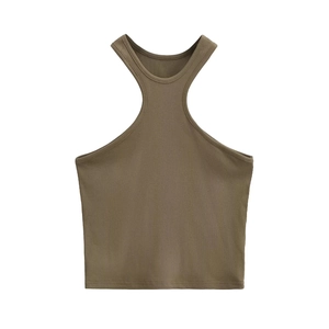 Slim fit brown ribbed halter neck crop top for women made of stretchy knitted fabric