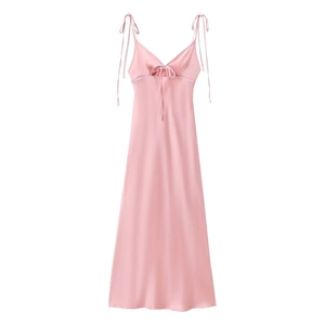 Pink satin slip dress for women with cut-out bow detail and glossy silk texture