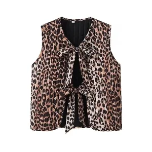 Gilet matelassé imprimé léopard pour femme avec nœuds papillon et doublure noire