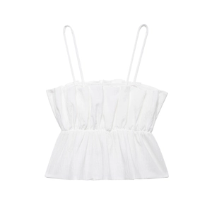 White summer spaghetti strap top with elastic waist and ruffled hem for women