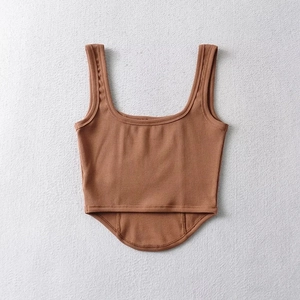 Close-up of brown ribbed knit crop top featuring a square neck and boned bodice seams