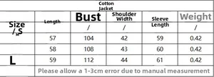 Detailed size chart for women printed cotton jacket showing S to L measurements