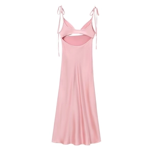 Pink satin slip dress featuring back cutout design and adjustable tie shoulder straps