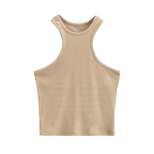 Women's summer ribbed knit crop top in khaki featuring a racerback and slim fit design