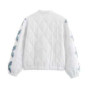 Women's summer white quilted jacket with floral embroidery on sleeves, back view display