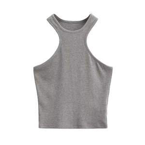 Detailed view of grey halter neck crop top showing fine ribbed stretch fabric texture