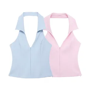 Women Halter Neck Top Deep V Neck Lapel Collar Sleeveless Vest Slim Fit Backless Zipper Summer Streetwear Casual Blouse