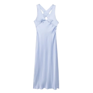 Elegant light blue satin midi dress featuring a deep V-neck and crossover wide straps