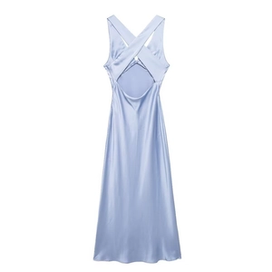 Light blue satin midi dress featuring a stylish cross-back backless design on white background