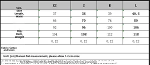 Tableau des tailles détaillé pour mini-jupe en coton et lin avec mesures de taille