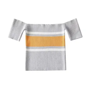 Women Sexy Off-Shoulder Striped Ribbed Knit Crop Top Summer Short Sleeve Slim Fit Elastic Streetwear Tee Shirt Light Gray