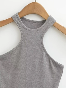 Detailed view of the grey ribbed knit halter neck vest showing the elastic fabric texture