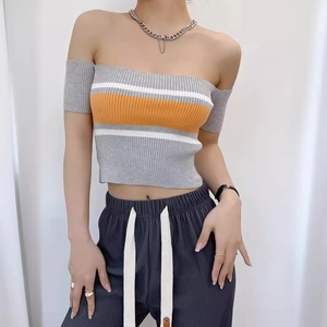 Slim fit striped off-shoulder knit crop top with bright orange and white horizontal stripes