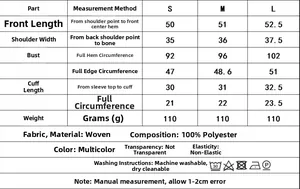 Size chart for women's V-neck printed top showing measurements in S, M, and L sizes