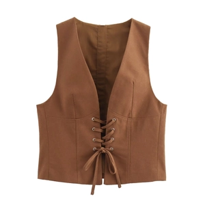 Gilet ajusté marron à col en V pour femme 2024 avec détails de laçage devant