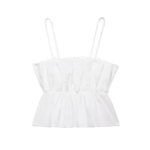 Women's Summer White Camisole Shirred Ruffle Hem Slim Fit Sleeveless Crop Top Elegant Shirring Smocked Tank Top For Vacation