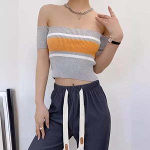 Women's summer striped off-shoulder crop top and high-waisted pleated trousers set