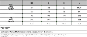 Detailed size guide table for women bow vest and skirt set in cotton linen fabric