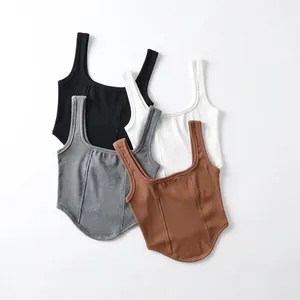 Women Ribbed Corset Tank Top Square Neck Slim Fit Sleeveless Crop Top Sexy Bodycon Vest Top Summer Daily Wear Polyester