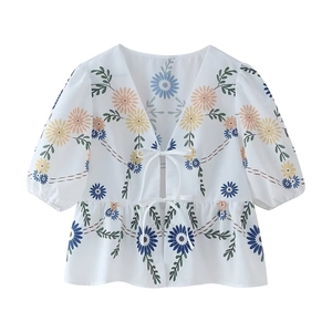 Summer street fashion floral V-neck short sleeve top with bow ties and colorful flower prints