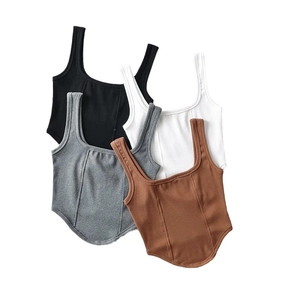 Slim fit square neck ribbed knit tanks in black white grey and brown with corset hem