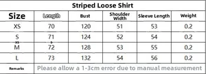 Size chart for striped loose shirt set including length, bust and shoulder measurements