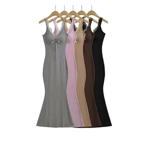 Robe Maxi Sirène Sexy à Col en V pour Femmes avec Dentelle Mélange de Coton Sans Manches Nœud Coupe Ajustée Été