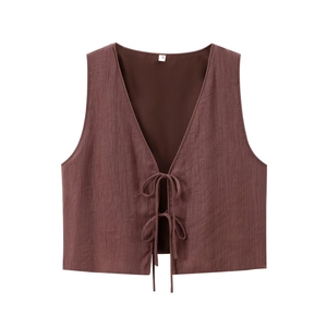 Women's summer two-piece set featuring a dark brown textured V-neck tie-up vest top