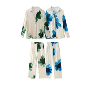 Women Elegant Satin Ink Floral Printed Long Sleeve Shirt And Wide Leg Pants Top And Bottoms Casual Loose Lounge Outfit