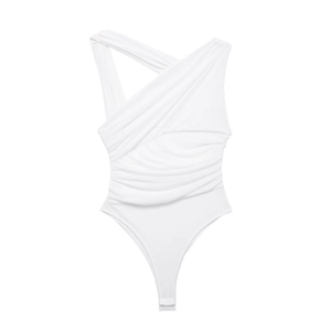 Weißer One-Shoulder-Body aus Netzstoff mit eleganten asymmetrischen Raffungen
