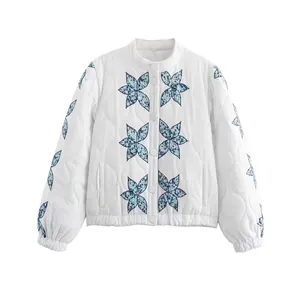 Women Casual White Wave Quilted Jacket Light Padded Coat Stand Collar Button Front Blue Floral Print Long Sleeve Outerwear