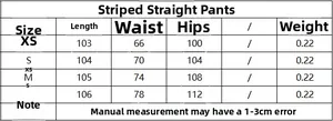 Detailed size chart for women striped straight leg pants showing XS to L measurements
