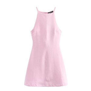 Light pink halter neck sleeveless mini dress with central seam in high quality fabric
