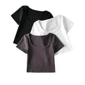 Women Summer Sexy Crop Top Deep U-Neck Short Sleeve Slim Fit Cotton Blend Solid Color Basic T-Shirt Streetwear Top