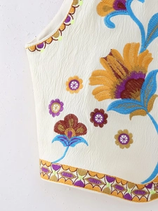 Détail de la broderie florale colorée sur un gilet blanc à texture cuir élégante