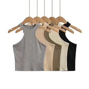 Women Halter Neck Ribbed Knit Tank Top Sexy Slim Fit Crop Top Sleeveless Summer Casual Solid Color Stretch Vest Tops