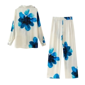 Women's two-piece floral print set with long sleeve button shirt and wide leg pants