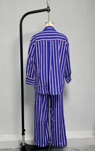 Detail view showing back of the blue and pink striped loose long sleeve shirt and pants set