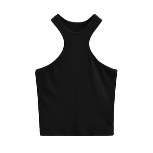Slim fit black ribbed halter crop top for women featuring high neck and sleeveless design