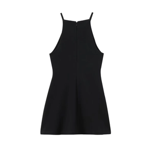 Women's summer black halter neck mini dress with back zipper and sleeveless design